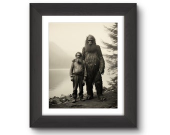 Sasquatch Bigfoot and Logger At Mountain Lake 1910 Photo Style, Cryptozoology Creature Cryptid 8X10 Giclée Print Wall Art Décor