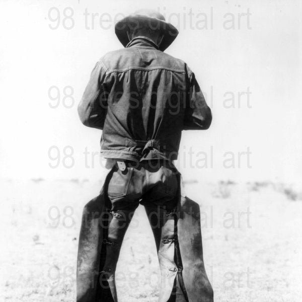 Cowboy Wearing Chaps and Spurs, Vintage Photograph, Black and White Printable Download. 1934 Cowboys Texas Old West Western Art Photo Print