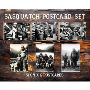 Set mit 6 Bigfüßen Sasquatch Foto Postkarten Set Digital Download Pintables 4 x 6 Inch. 1890er Jahre Stil Cabin Art Cryptid Paranormal Folklore Mythos
