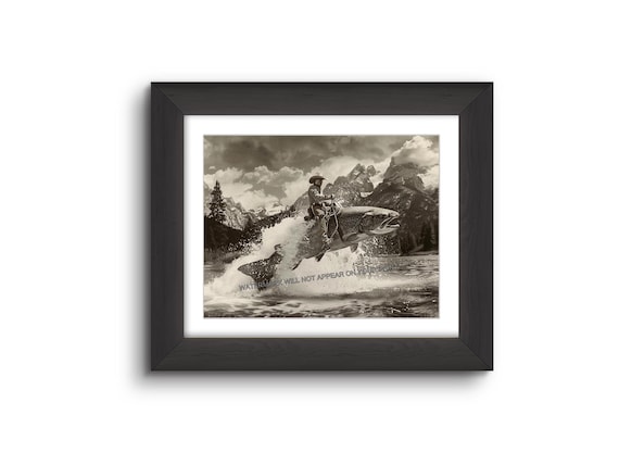 Cowboy Riding Giant Trout Photo: Grand Tetons, Wyoming, Old West Art Print (8.5x11)