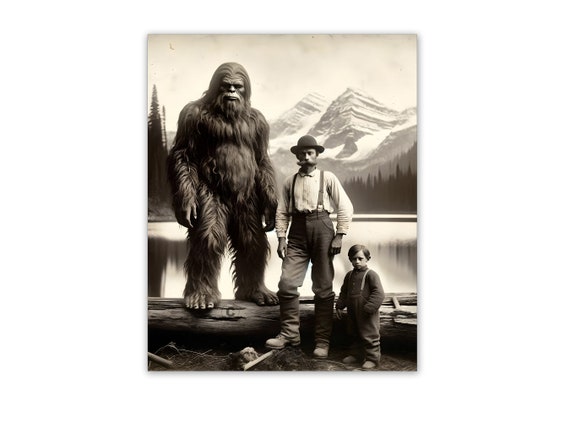 Sasquatch Bigfoot Photo With Logger and Child Mountains Art