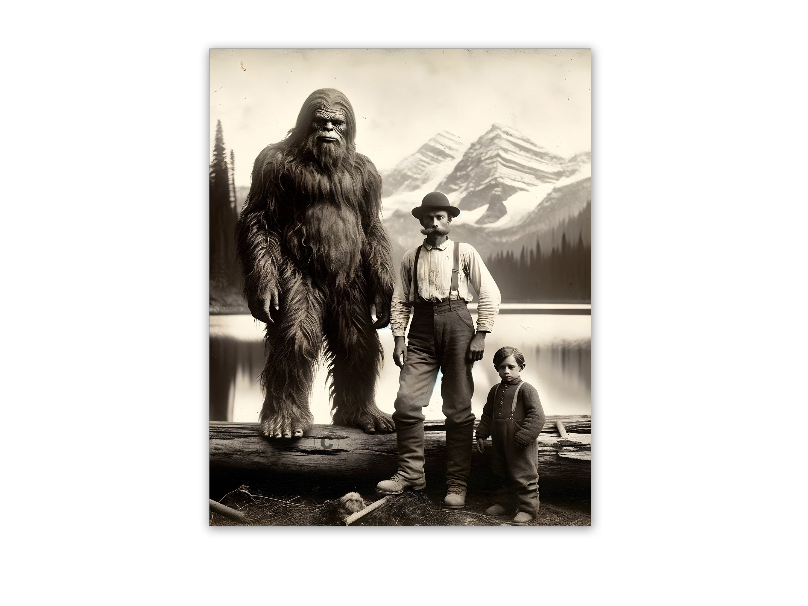 Sasquatch Bigfoot Photo With Logger and Child Mountains Art