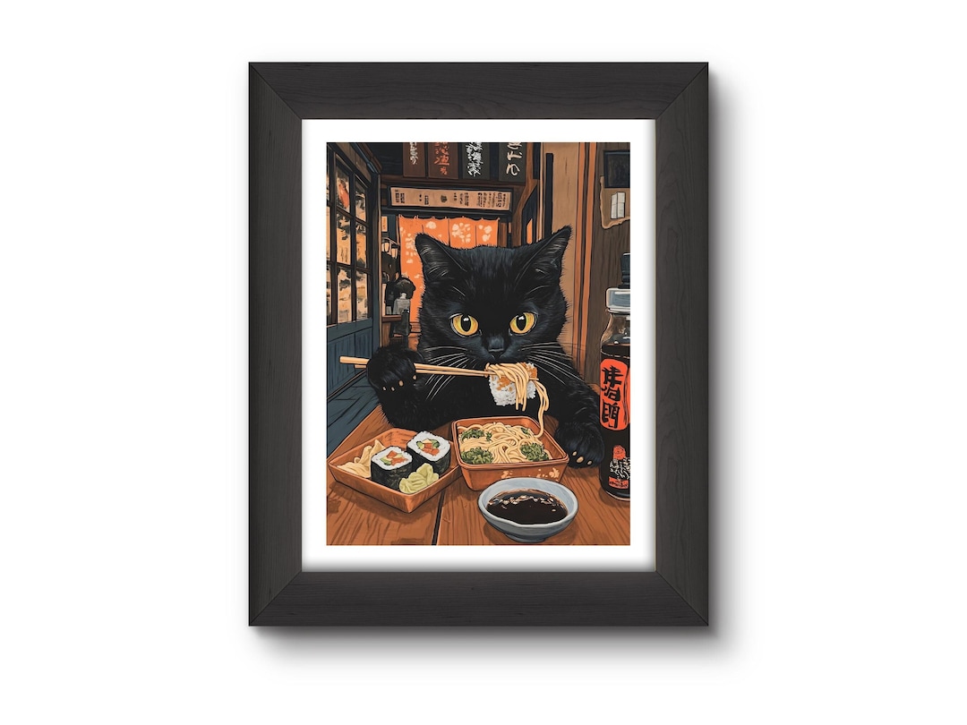 Black Cat Eating Sushi at Japanese Noodle Shop Art Print, Sleek Retro ...