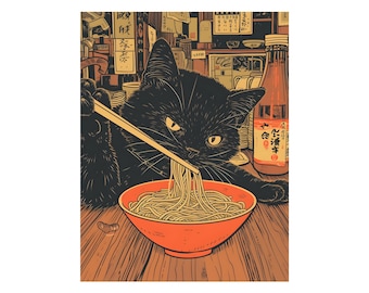 Atomic Black Cat Ramen Noodle Soup Art Print: Mid-Century Modern Home Decor (Digital Download)