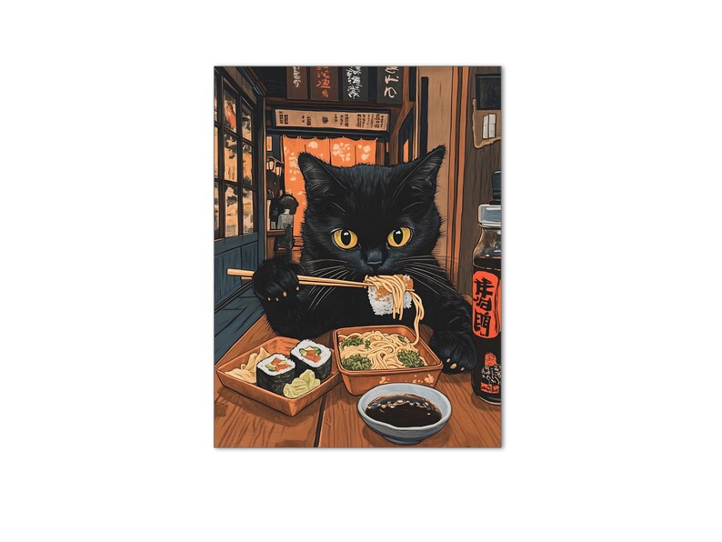 Black Cat Eating Sushi at Japanese Noodle Shop Art Print, Sleek Retro ...
