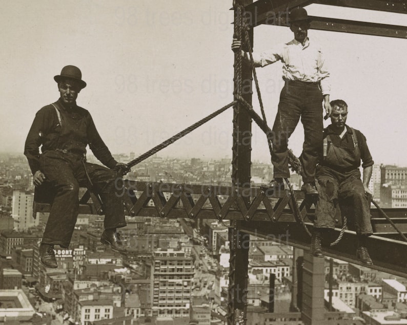 Construction Workers Build Skyscraper New York City, Vintage Photograph