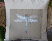 dragonfly cushion/pillow cover // neutral and  tartan // handmade // machine applique // turquoise, pink, lace