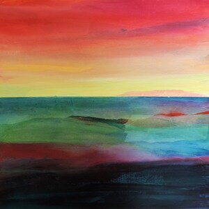 Impresión - Puesta de sol en la costa norte. Cornwall, expresionismo, colorido, técnica mixta, paisaje marino, firmado, cuadrado, papel ecológico, impresión de primera calidad