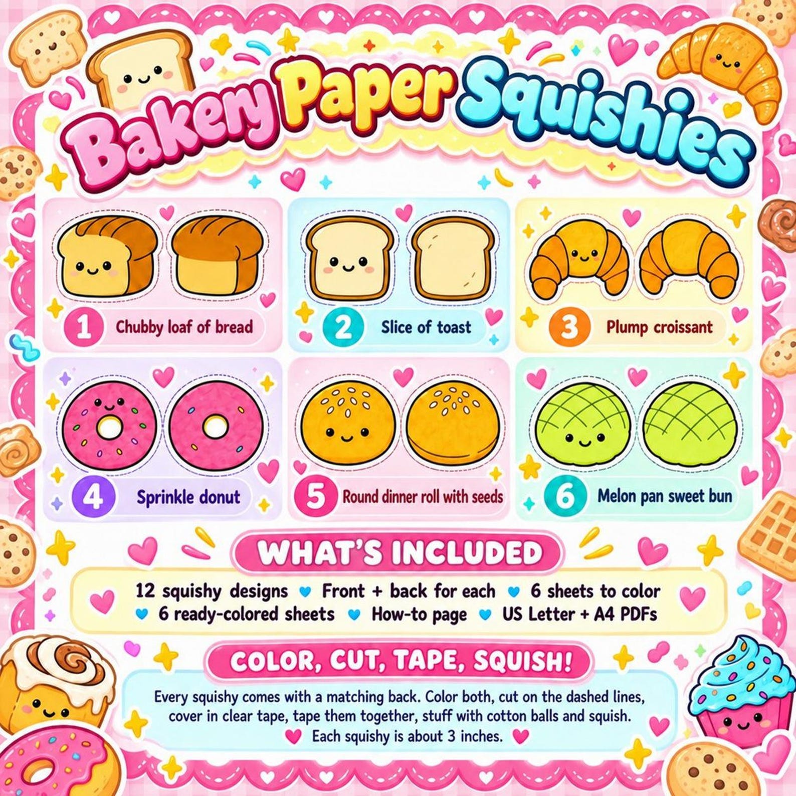 Bakery Paper Squishies, 12 Printable Kawaii Designs, Bread Toast Croissant Cupcake, DIY Kids Craft