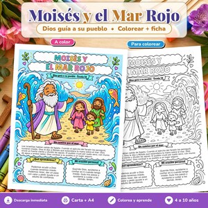 Moisés y el Mar Rojo für Kinder, Dibujo para colorear y ficha con respuestas, Historia bíblica, Éxodo 14, Escuela dominical en español