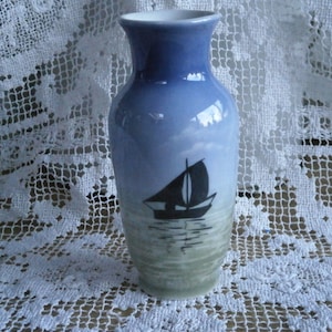 Lovely Hand Painted Blue / Green Sailing Boat Posy Vase