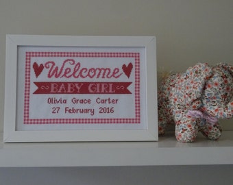 Welcome Baby Girl - modern cross stitch birth announcement, keepsake, heirloom - instant download PDF format