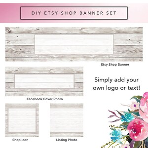 May include: A set of four digital templates for Etsy shop banners, Facebook cover photos, shop icons, and listing photos. The templates feature a rustic woodgrain background with a white border.