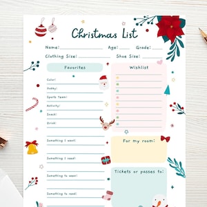 EDITIERBARE Kinder Weihnachtswunschliste, druckbare Geschenkwunschliste, Kinderwunschliste für X-Mas, Kinderurlaubswunschliste, sofortiger Download