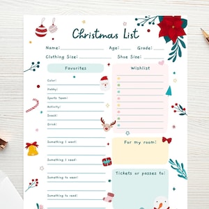 Kids Christmas Wish List, Printable Gift Wish List, Children's X-Mas Wish List, Kids Holiday Wish List, Letter To Santa, Instant Download image 1