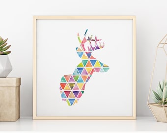 Geometric Deer Wall Decor, Deer Silhouette, Colorful Silhouette Art, Modern Triangle Decor, Buck, Reindeer, Caribou, Stag, Printable Art