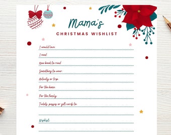 Mama's Christmas Wish List, Wife's Printable Gift Wish List, Mom's X-Mas Wish List, Parent Holiday Wish List, Instant Download, For Mom List