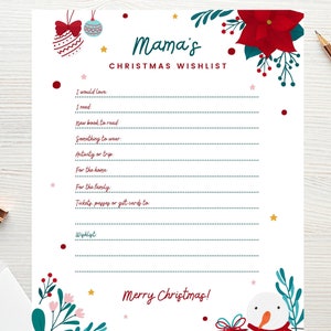 Mama's Christmas Wish List, Wife's Printable Gift Wish List, Mom's X-Mas Wish List, Parent Holiday Wish List, Instant Download, For Mom List
