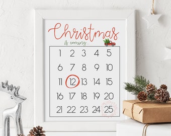 Christmas Countdown - Christmas Decor - Christmas Printable Wall Art - Christmas Calendar - Holiday Wall Art - Red And Green Printable - DIY