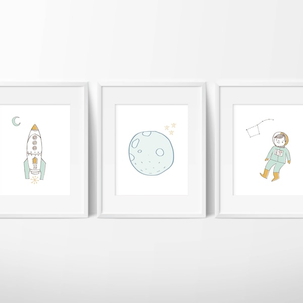 Nursery Boy Wall Decor - Children's Nursery Spaced Themed Wall Art - Set of Three Out of This World Art Prints - Kids Room Moon Digital Art