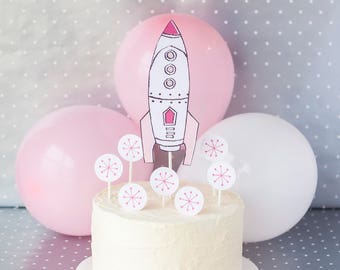 Girl Cake Topper - Space Party - Hot Pink Birthday - Pink Cupcake Toppers - Printable Cupcake Topper - Rocket Ship