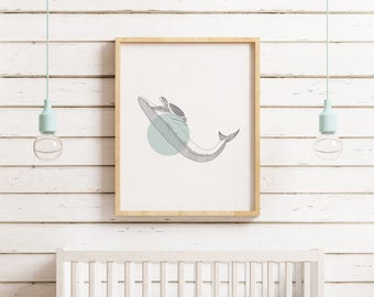 Ocean Animals Art - Mint Green Decor - Whale Wall Art - Sea Turtle - Nautical Wall Art - Playroom - Playroom Wall Art