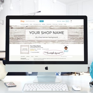 May include: A computer screen displaying an Etsy shop banner with a wood grain background. The banner reads "YOUR SHOP NAME diy shop banner background". The shop name is "Your Shop Name" and the shop owner is "Melisa Bent". The text "***Example Layout***" is in a pink oval.