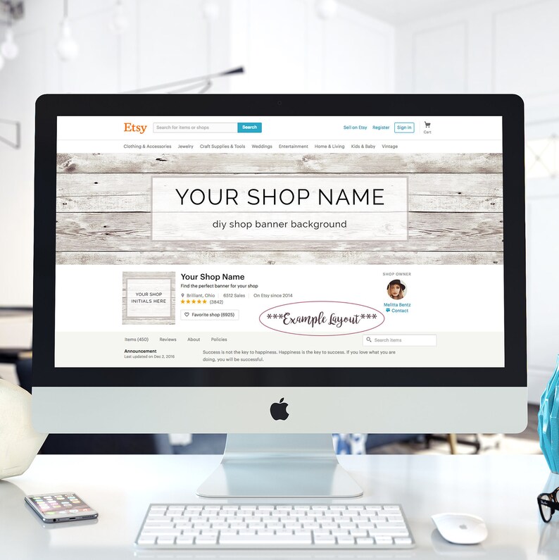 May include: A computer screen displaying an Etsy shop banner with a wood grain background. The banner reads "YOUR SHOP NAME diy shop banner background". The shop name is "Your Shop Name" and the shop owner is "Melisa Bent". The text "***Example Layout***" is in a pink oval.