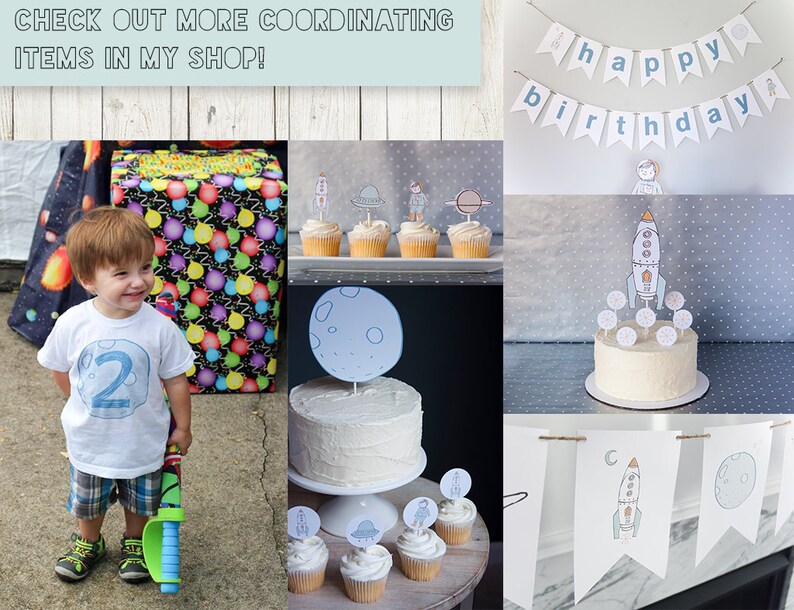 May include: A two-year-old birthday party with a space theme. The party decorations include a banner that says "happy birthday", a cake with a rocket ship topper, and cupcakes with astronaut and spaceship toppers. The cake is white with a white frosting and is decorated with blue and white sprinkles. The cupcakes are also white with white frosting and are decorated with blue and white sprinkles. The banner is white with blue lettering. The party decorations are on a gray background.