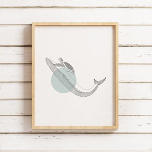 May include: A framed print of a line drawing of a whale with a turtle on its back. The whale is swimming through a light blue circle. The print is on a white background.