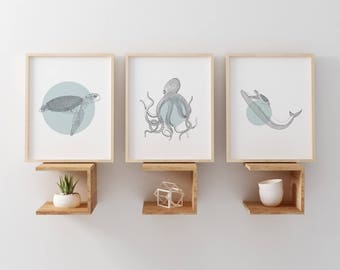 Ocean Art Print Set, Sea Life Wall Art, Underwater Animals, Octopus Art, Whale Art, Sea Turtle Decor, Beach Decor, Deep Sea, Nautical Art
