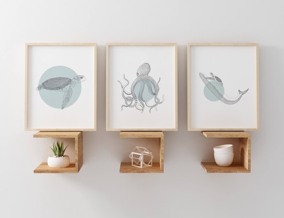 Ocean Art Print Set, Sea Life Wall Art, Underwater Animals, Octopus Art, Whale Art, Sea Turtle Decor, Beach Decor, Deep Sea, Nautical Art