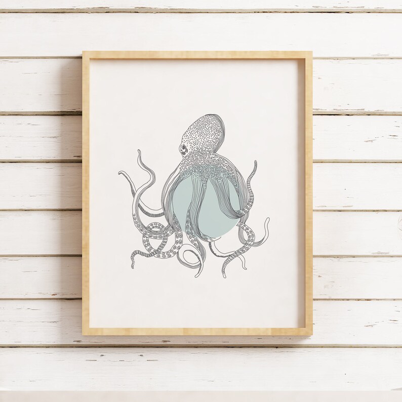 May include: A framed print of a black and white line drawing of an octopus with a light blue circle behind it.