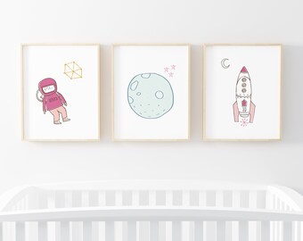 Girls Pink Wall Art - Girls Art Set - Set Of Three - Space Print - Space Wall Art - Moon Print - Nursery Print Set - Outer Space Decor -