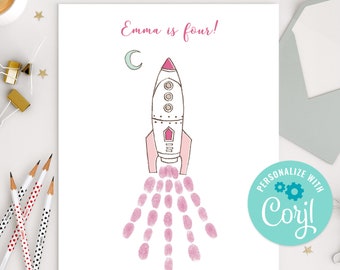 Girl Rocket Ship Fingerprint Guestbook -Birthday Party Thumbprint Sign - Custom Birthday Party Fingerprint Guestbook- Custom Girl Rocketship