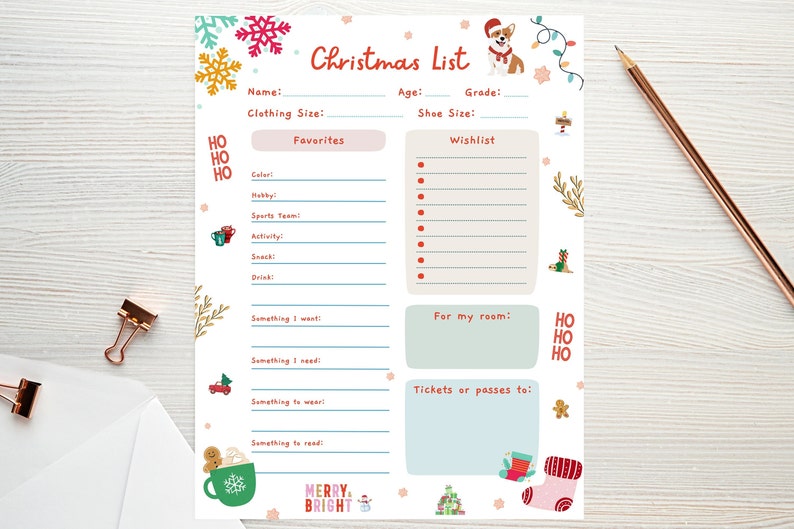 Kids Christmas Wish List, Printable Gift Wish List, Childrens X-Mas Wish List, Kids Holiday Wish List, Letter To Santa, Instant Download image 1