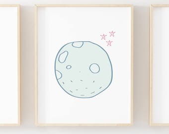 Moon Wall Art - Kids Space Art - Space Nursery - Space Prints - Space Digital Print - Girl Moon And Stars - Outer Space Decor