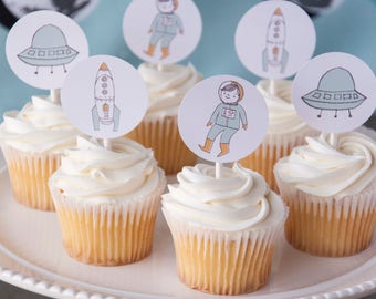 Outer Space Themed Astronaut Turquoise Modern Party - Rocketship Cupcake Toppers - Around The Sun Party - Two The Moon Birthday Party Decor