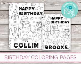 May include: Black and white coloring pages with space-themed illustrations. The pages feature rockets, astronauts, and the text "HAPPY BIRTHDAY" along with names. The bottom of the pages read "BIRTHDAY COLORING PAGES".