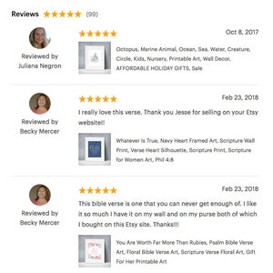 May include: Three Etsy reviews with five-star ratings. The first review is for a printable art print of an octopus. The second review is for a printable art print with the text "Whatever is True" and a navy blue heart. The third review is for a printable art print with the text "You Are Worth Far More Than Rubies" and a floral design.