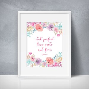 Perfect Love Floral Art - Without Fear Wall Decor - Floral Printable Art - Bible Verse Gift - Watercolor Pastel Flowers - Inspirational