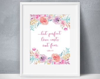 Perfect Love Floral Art - Without Fear Wall Decor - Floral Printable Art - Bible Verse Gift - Watercolor Pastel Flowers - Inspirational