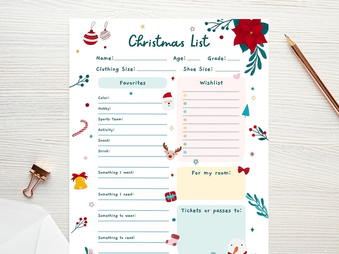 Kids Christmas Wish List, Printable Gift Wish List, Children's Xmas