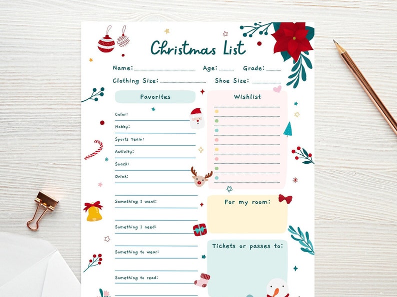 Kids Christmas Wish List, Printable Gift Wish List, Children's X-Mas Wish List, Kids Holiday Wish List, Letter To Santa, Instant Download image 1