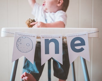 High Chair Banner - First Birthday Banner - Blue Birthday Banner - Blue Banner - Space Party - Space Party Supplies - Space Print -