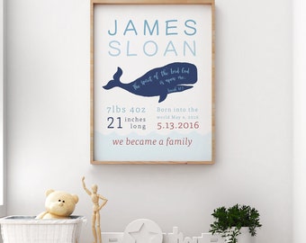 Whale Birth Print - Custom Birth Announcement - Custom Nursery Wall Art - Newborn Birth Announcement - Adoption Gifts - Newborn Gift Idea