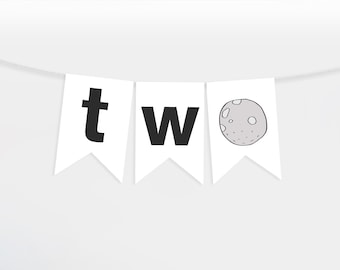 BW Two The Moon High Chair Banner - Black White Banner - 2nd Birthday - Black White Party Decorations - Space Party - Space Party Supplies