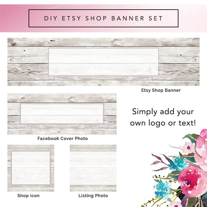 May include: A set of four digital templates for Etsy shop banners, Facebook cover photos, shop icons, and listing photos. The templates feature a rustic woodgrain background with a white border.