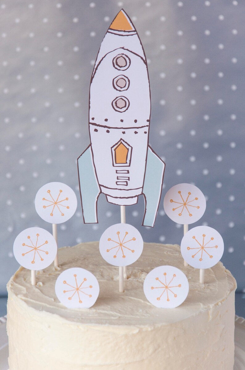 Rocket Ship Cupcake Topper Printable Party Decor Boy Space Party Boy Birthday Party Blue First ...
