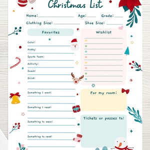 Kids Christmas Wish List, Printable Gift Wish List, Children's X-Mas Wish List, Kids Holiday Wish List, Letter To Santa, Instant Download image 2